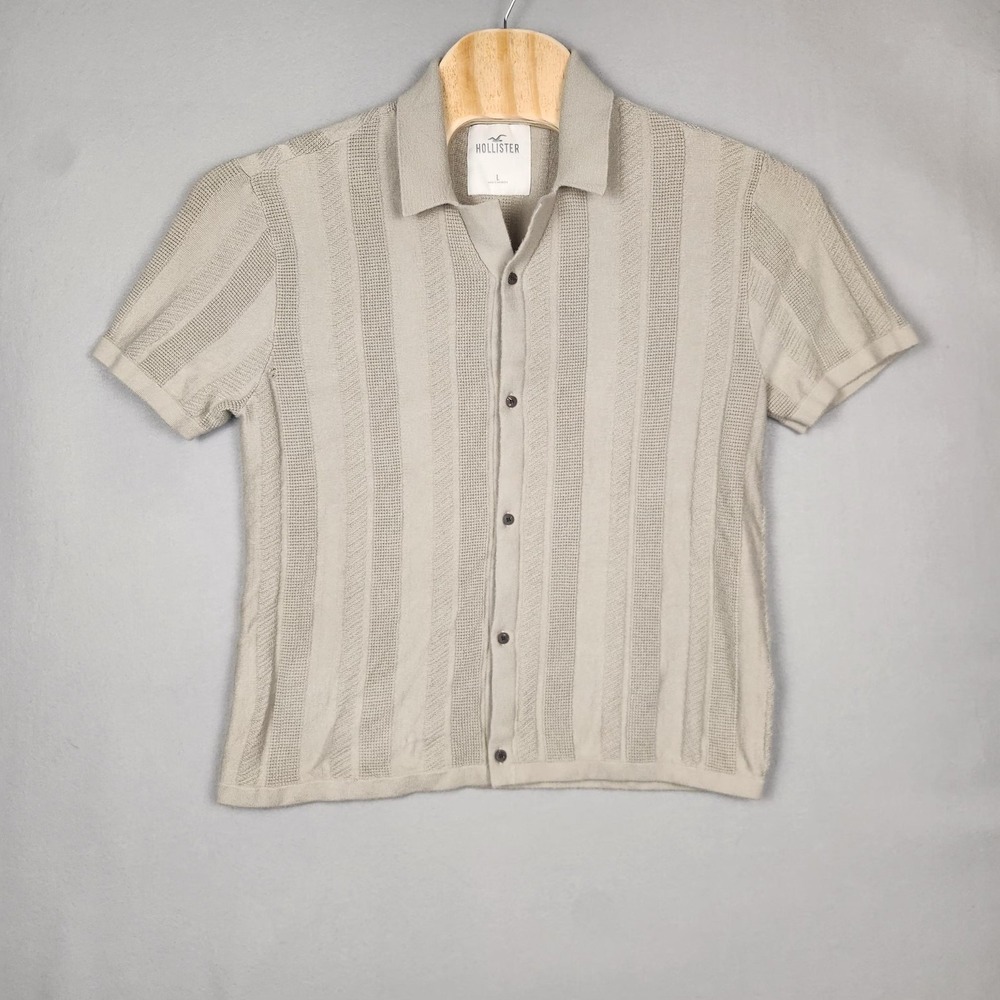 Hollister Shirt‎ Mens Large Beige Short Sleeve Button Up Knit Textured Stripe